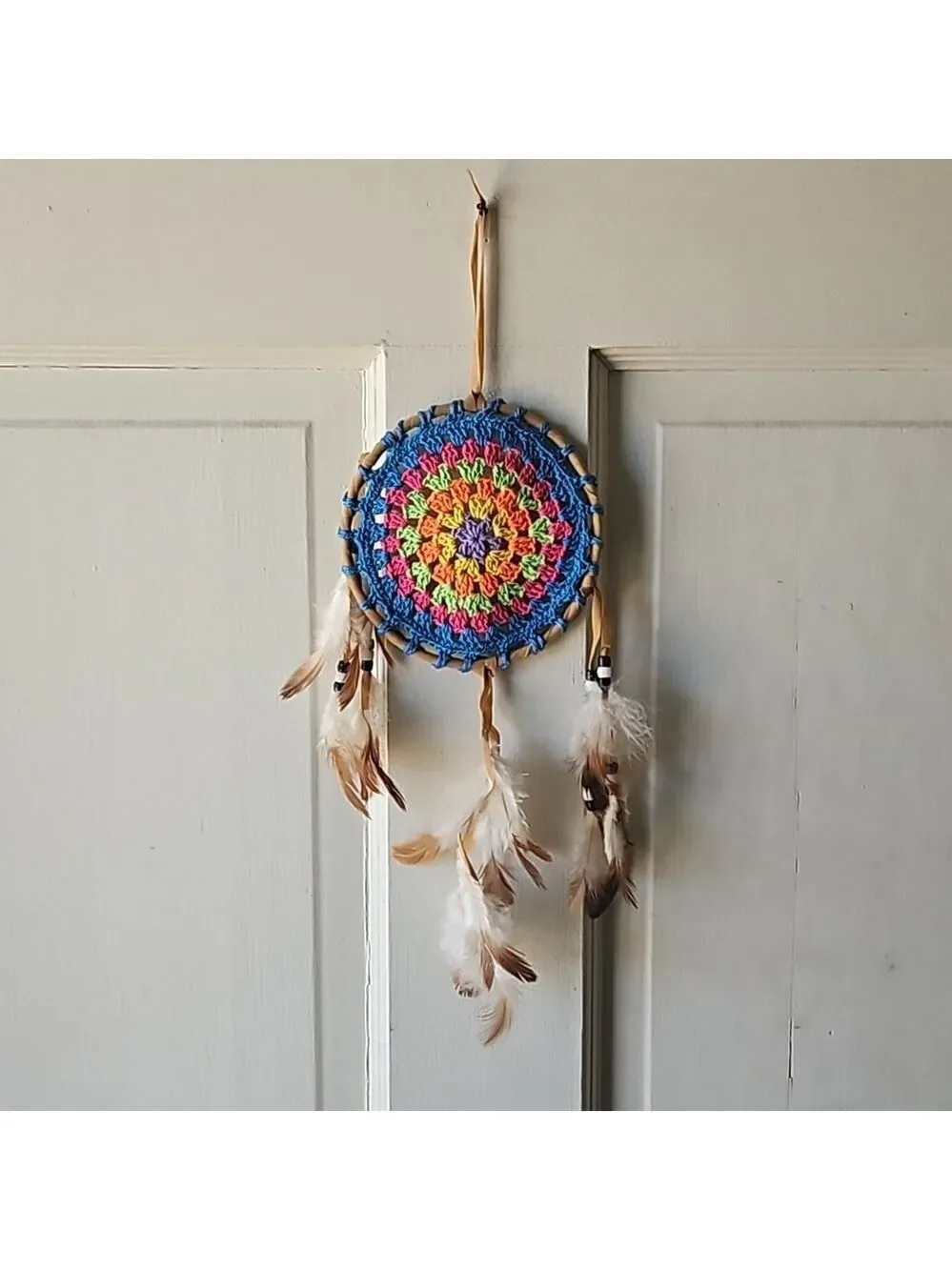 Hand Crafted crochet dreamcatcher multicolored floral eclectic textile decor